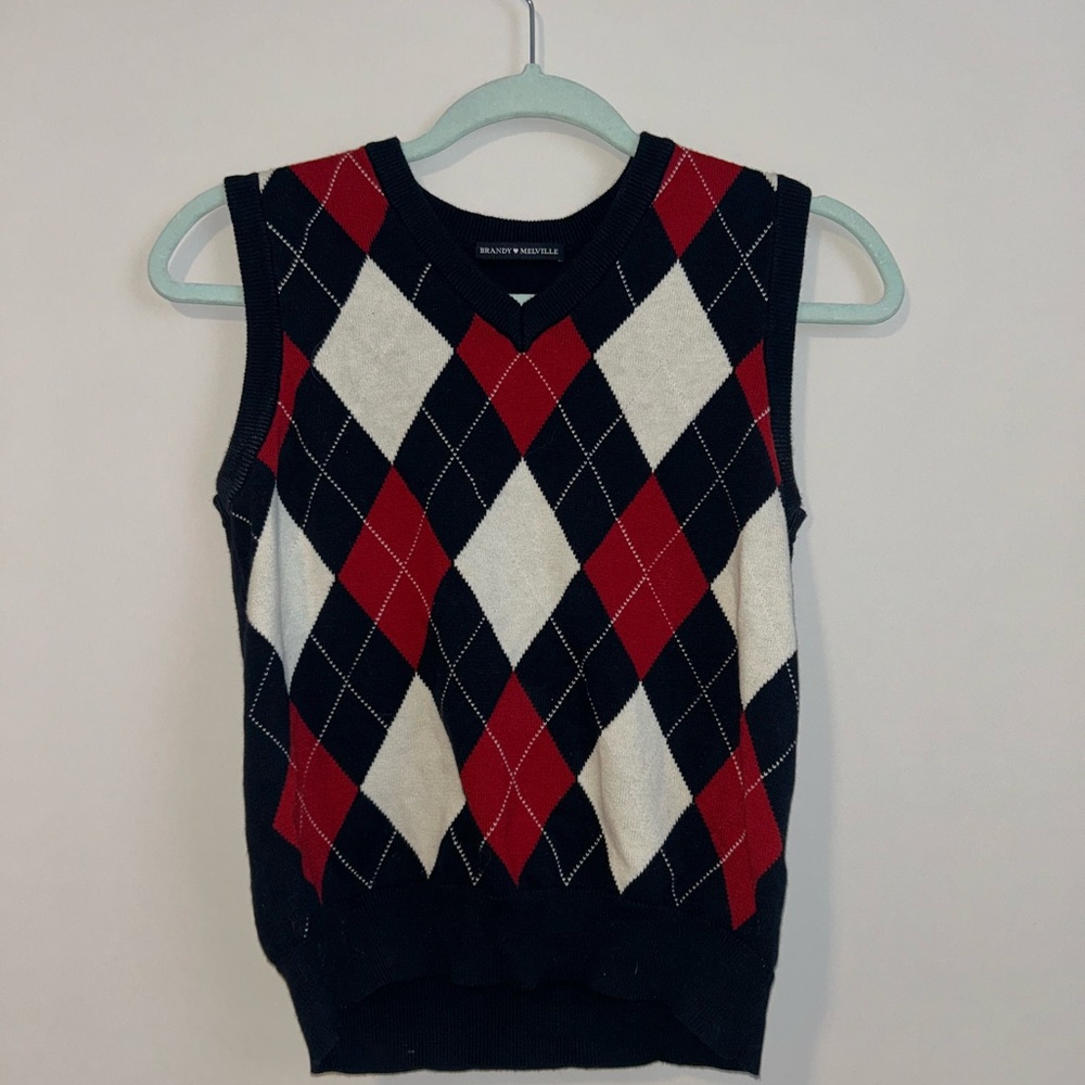 Brandy Melville Navy blue sweater vest with red and white checkers